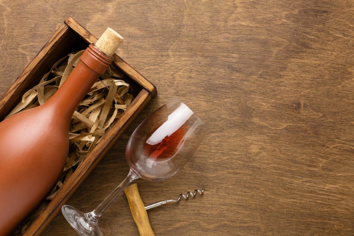 Vue de dessus bouteille de vin et verre avec tire-bouchon et copie-espace